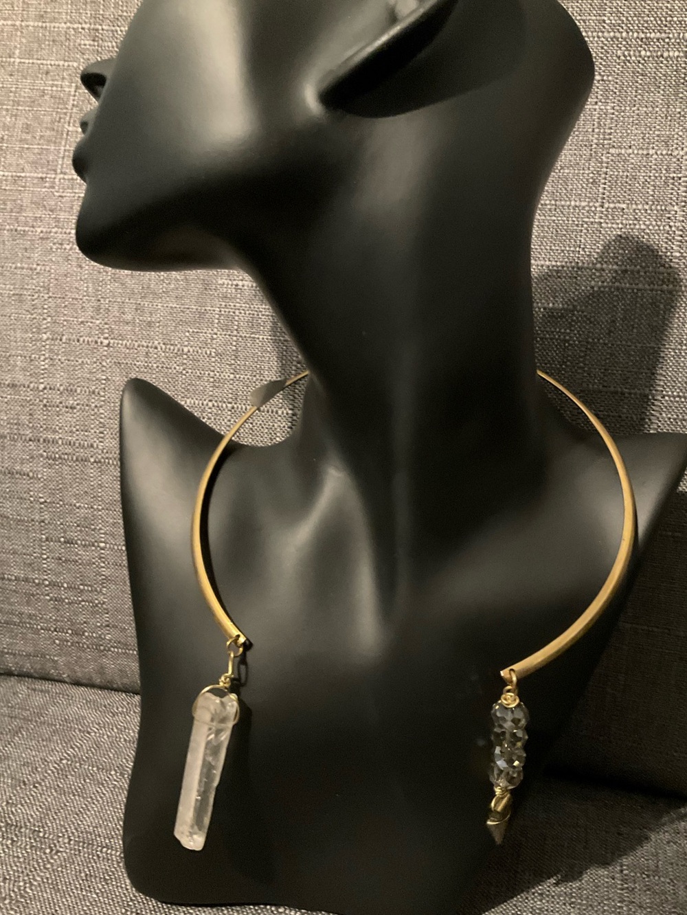 Hand Crafted Gold Torque Necklace with Clear Crystal Pendants